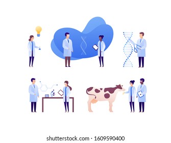 Scientist team concept. Vector flat science person illustration set. Collection of isolated different specialisation people. Brainstorm of genetic dna research. Design element for banner, poster.
