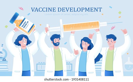 Scientist team holding vaccine bottle and syringe. Concept of vaccination development and celebration for the end of covid era.