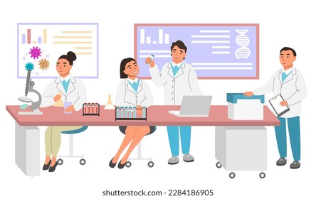 Scientist team working in laboratory vector illustration. Doctors and chemical researchers in lab coat making analysis, conducting experiment with test tube, flask and microscope. Science concept