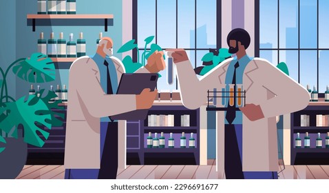 scientist team working together researchers in uniform making chemical experiments in laboratory horizontal