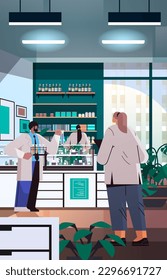 scientist team working together researchers in uniform making chemical experiments in laboratory vertical