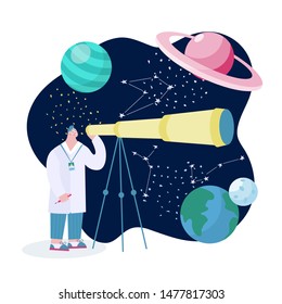 Scientist with telescope learing outer space with stars, moon, asteroids, constellation on background. Researcher exploring universe and galaxy. Cartoon man studing earth, saturn, moon and pluto.