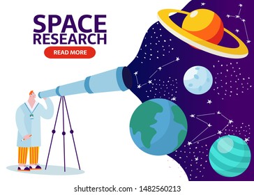 Scientist with telescope learing outer space with stars, moon, asteroids, constellation on background. Researcher exploring universe and galaxy. Cartoon man studing earth, saturn, moon vector banner.