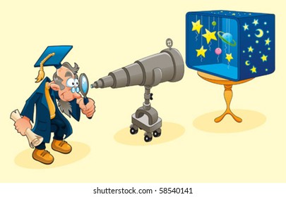 Wissenschaftler mit Teleskop. Symbolischer Cartoon und Vektorgrafik.
