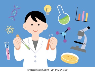 a scientist with a test tube and a blue background with different experiment objects. flat vector illustration.