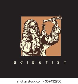Scientist with test tube. Vector image on black background.