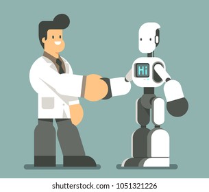 Scientist is testing a robot. Man handshaking with humanoid cyborg. Modern technology, artificial intelligence, Isolated concept flat vector illustration.
