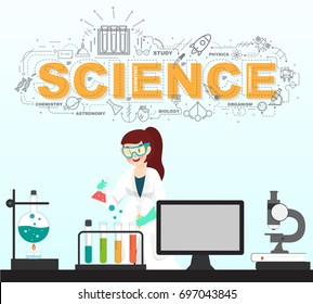 Scientist testing with science icons in laboratory 