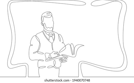 Scientist theorist physicist. Professor solving an equation on a blackboard. Education and Science. One continuous drawing line  logo single hand drawn art doodle isolated minimal illustration.