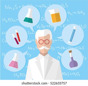 Scientist thinking about his work. Flat vectors