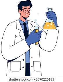 The scientist transitions from holding one flask to two different flasks showcasing various liquids and colors.