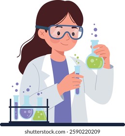 The scientist transitions from holding a test tube to pouring a vibrant green liquid into a flask.