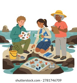 A scientist and two students examine tide pool creatures and plants, taking notes and using a field guide.