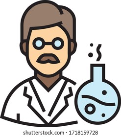 Scientist In A Uniform. Chemistry Teacher Icon. Bespectacled With A Test Tube. Chemist Physicist Student Or Doctor. Laboratory Assistant. Contour Blue Line Icon.