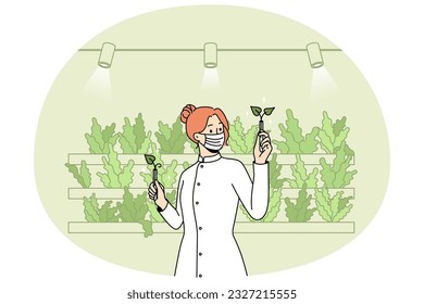 Scientist in uniform working with plants in greenhouse. Woman planting vegetables with aquaponics system at eco farm. Vector illustration.