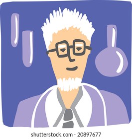 Scientist. Unrecognizable person is looking like a scientist. Several symbols of profession on the background.