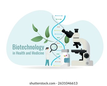 Scientist using magnifying glass exploring dna double helix structure with microscope and medicine bottle, representing biotechnology in health and medicine