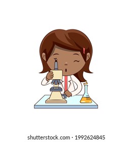 Scientist using microscope, cute little girl