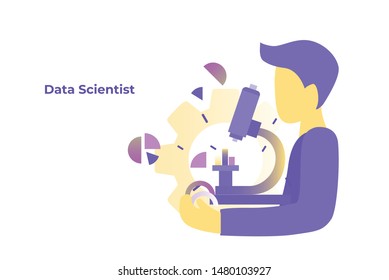 Scientist using microscope. Data research and new technologies. Flat vector illustration.