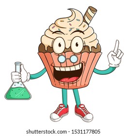 scientist of vanilla cupcake cartoon character makes a chemical formula with funny smile face