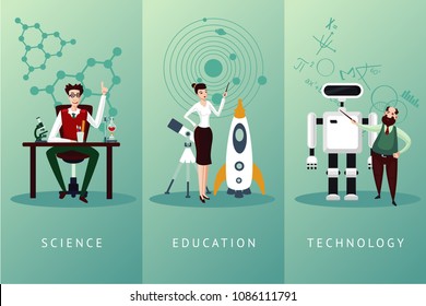 Scientist vector cartoon characters set. Science and education concept. Technology backgrounds collection.