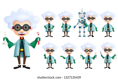 Scientist vector character set. Old genius male inventor holding test tube with various gestures, posses and inventions isolated in white. Vector illustration. 