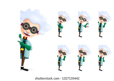 Scientist vector character set showing empty white space or blank board for text with different pose and hand gestures for experiments. Vector illustration.
