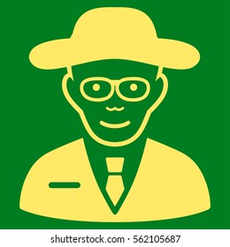 Scientist vector icon. Flat yellow symbol. Pictogram is isolated on a green background. Designed for web and software interfaces.