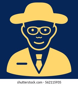 Scientist vector icon. Flat yellow symbol. Pictogram is isolated on a blue background. Designed for web and software interfaces.