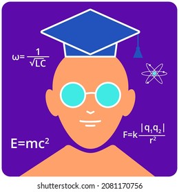 Scientist Vector Icon. Physicist Icon. Professor Clipart With Academic Cap, Glasses And Formulas. Education Concept