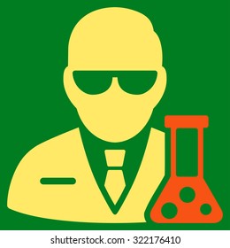 Scientist vector icon. Style is bicolor flat symbol, orange and yellow colors, rounded angles, green background.