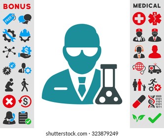 Scientist vector icon. Style is bicolor flat symbol, soft blue colors, rounded angles, white background.