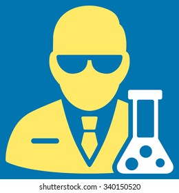 Scientist vector icon. Style is bicolor flat symbol, yellow and white colors, rounded angles, blue background.