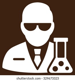 Scientist vector icon. Style is flat symbol, white color, rounded angles, brown background.