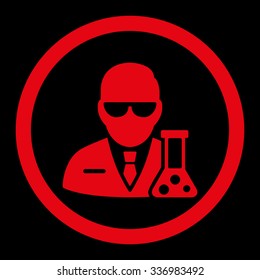 Scientist vector icon. Style is flat rounded symbol, red color, rounded angles, black background.