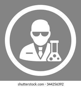 Scientist vector icon. Style is flat rounded symbol, white color, rounded angles, gray background.