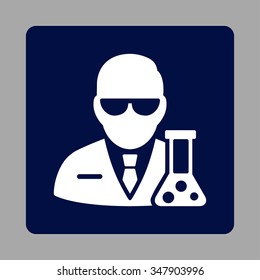 Scientist vector icon. Style is flat rounded square button, white and dark blue colors, silver background.