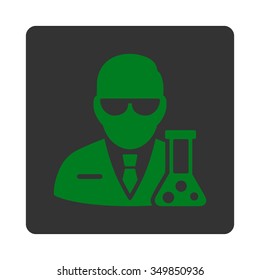 Scientist vector icon. Style is flat rounded square button, green and gray colors, white background.