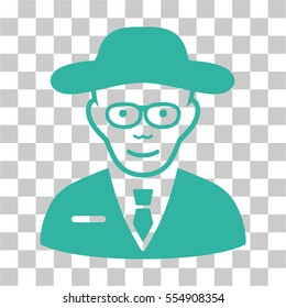 Scientist vector pictograph. Illustration style is flat iconic cyan symbol on a chess transparent background.