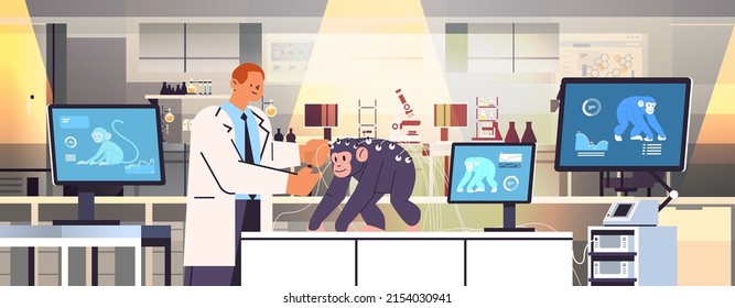 scientist or veterinary worker doing experiments in lab with experimental monkey biological genetic engineering research