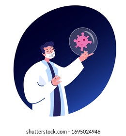 Scientist Virologist Researcher Explore Coronavirus Elemet Corpuscle Particle.Chemist Student In Medical Protective Mask. Doctor Biologist Expert. Medicinall Laboratory Examination.Vector Illustration