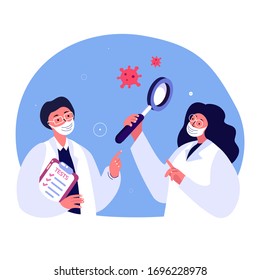 Scientist Virologist Researcher Explore Coronavirus Element Corpuscle Particle.Chemist Student in Medical Protective Mask. Doctor Biologist Expert. Medicinal Laboratory Examination.Vector Illustration