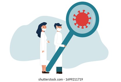 Scientist Virologist Researcher Explore Coronavirus ncov-19 element Corpuscle Particle. Doctors are look at the coronavirus molecule through the through a magnifier. Flat vector illustration