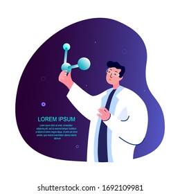 Scientist Virologist Researcher Explore Molecule Corpuscle Particle.Chemist Student.Doctor Biologist Expert.Antiviral Vaccine. Scientific Invention. Medical Laboratory Examination. Vector Illustration