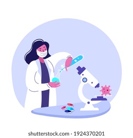 Scientist Virologist Researcher in Medical Protective Mask. Explore Coronavirus Elemet Corpuscle.Antiviral Vaccine Creation.Laboratory Examination.Test Tubes,Flask, Microscope.Flat Vector Illustration