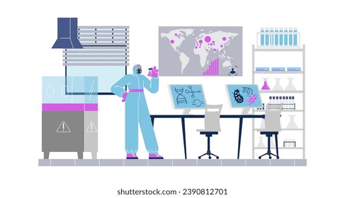 Wissenschaftler Virologe arbeitet im Labor, flache Cartoon Vektorgrafik. Medizinische Forschung, männlicher Arzt oder Chemiker, der einen Impfstoff entwickelt, Laboratorium der Wissenschaft mit Ausrüstung und Möbeln