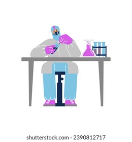 Scientist virologist working in laboratory at table flat cartoon vector illustration isolated on white. Medical research, male doctor or chemist developing a vaccine, medicine flasks and chemicals