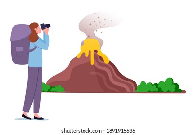 Scientist Volcanologist or Tourist Female Character with Binoculars in Hands and Backpack Look on Volcano Eruption, Learning Geological Information, Study Nature Disaster. Cartoon Vector Illustration