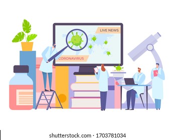 Scientist watching coronavirus live news on computer screen vector illustration. Doctors find out latest information on new disease, virus epidemic. Enlarged books, microscope, magnifier and medicine.
