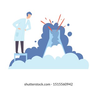 Scientist is watching the reaction in a flask. Vector illustration.